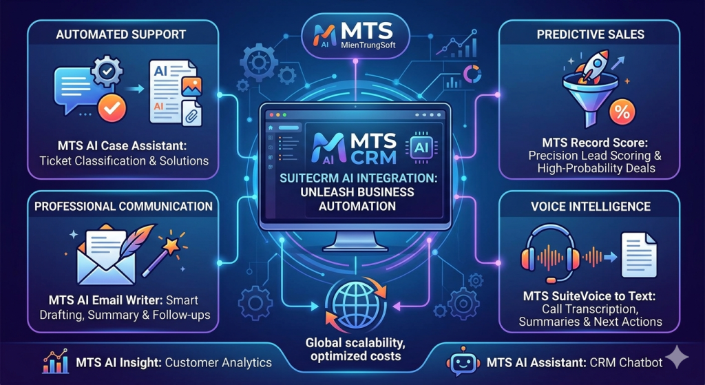 SuiteCRM AI Integration Infographic by MienTrungSoft - MTS CRM Automation Ecosystem