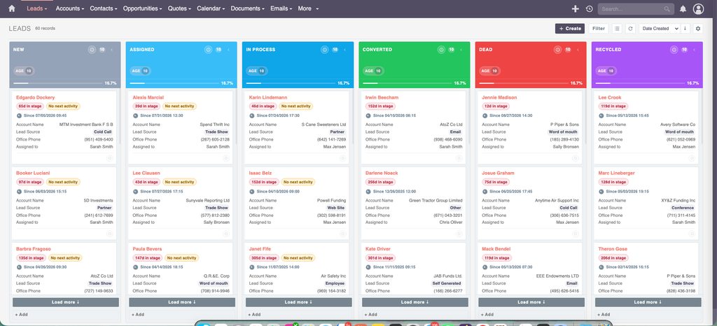 Standard sales process flow from Lead to Opportunity to post-sale contract and invoice in SuiteCRM